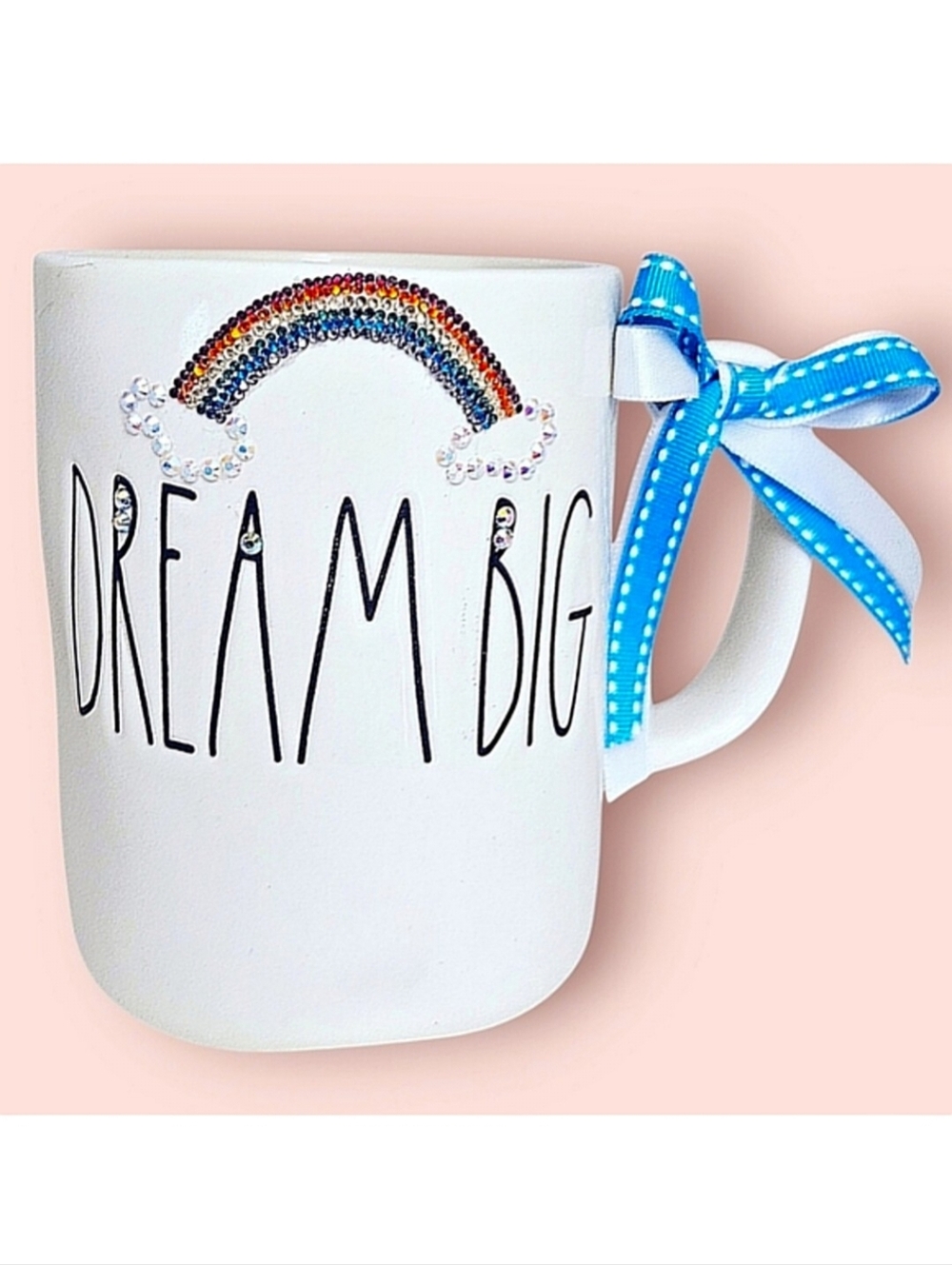 Handmade Rae Dunn "DREAM BIG" Gift Mug with Crystals and Bow